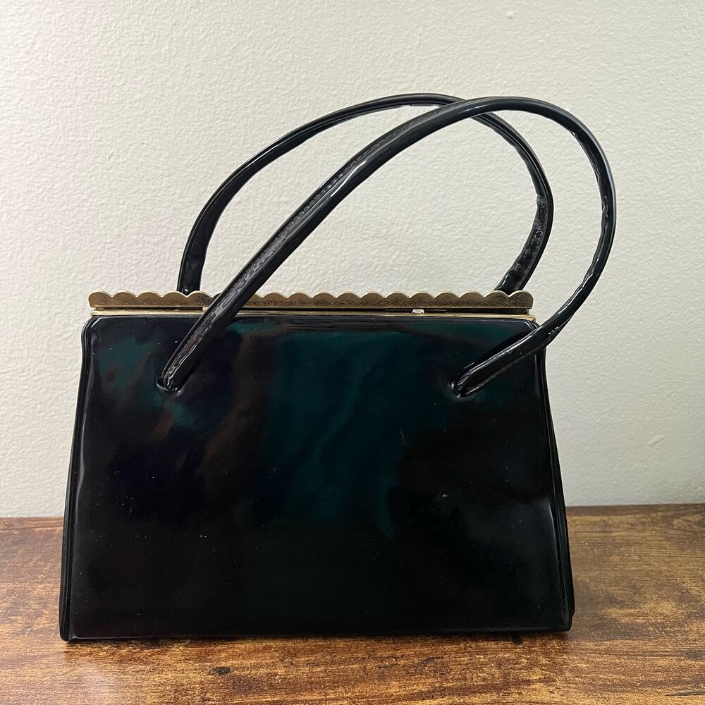 Vintage Verdi Shoulder Bag Handbag Black PVC Patent Glossy Mid Century Elegant